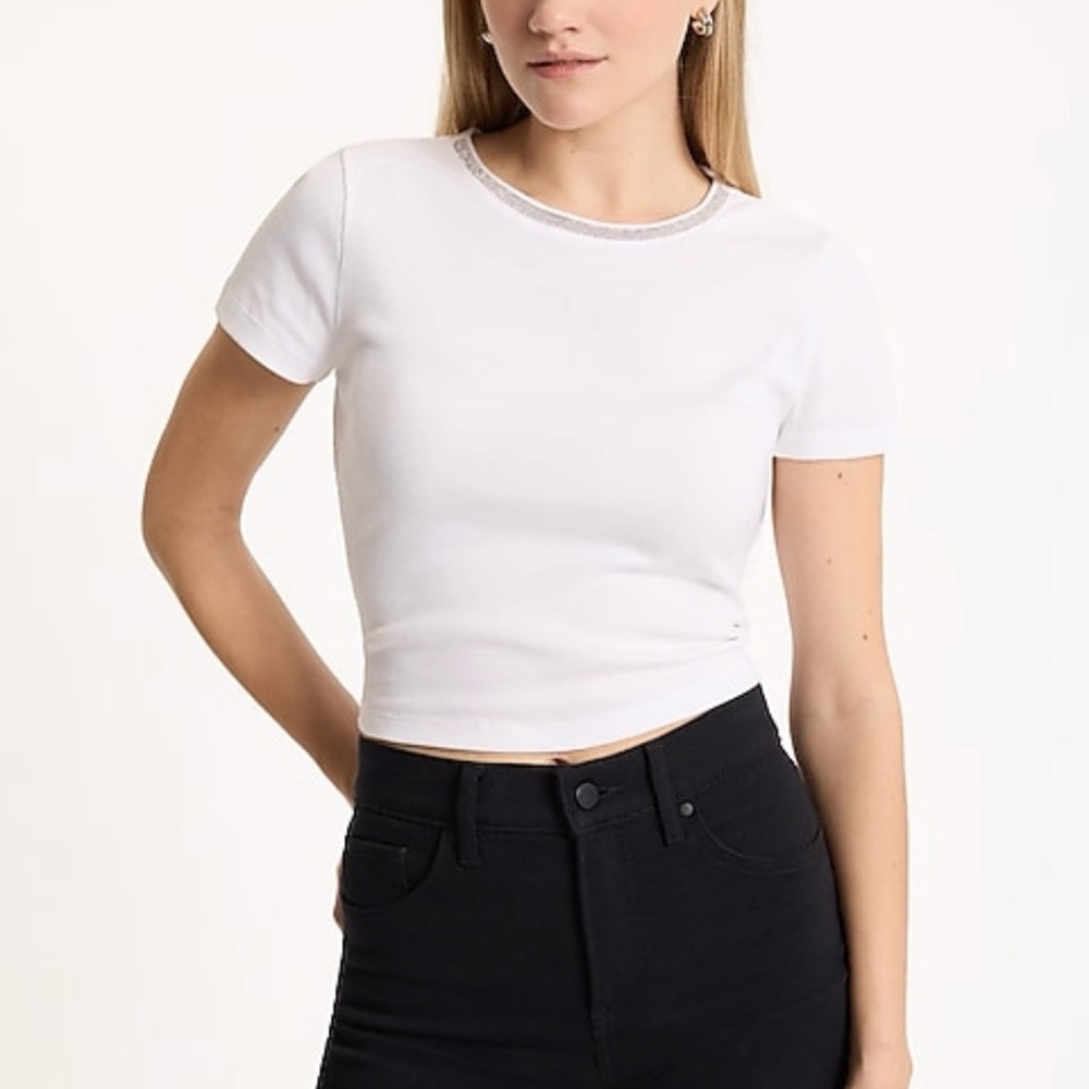 Embellished Fitted Crew Neck Short Sleeve Cropped Tee